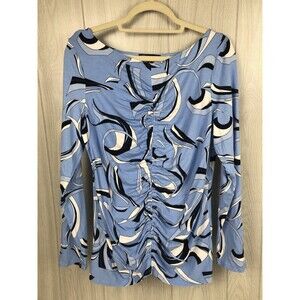 INC International Concepts Women’s XL Long Sleeve Ruched Top Blue Geometric
